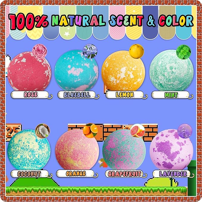 Bath Bombs for Kids: Mario Bath Bombs with Surprise Inside, Easter Bath Rich in Natural Essential Oils, Kids BathBombs Gift Set for Dry Skin Moisturize, Gifts for Toddlers (8 Pcs)