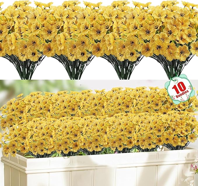 10 Bundles Artificial Flowers Outdoor, Faux Flowers UV Resistant with Plastic Plants, Faux Silk Flowers for Outdoors Outside Front Porch Hanging Planter Window Box Garden Decoration(Yellow)