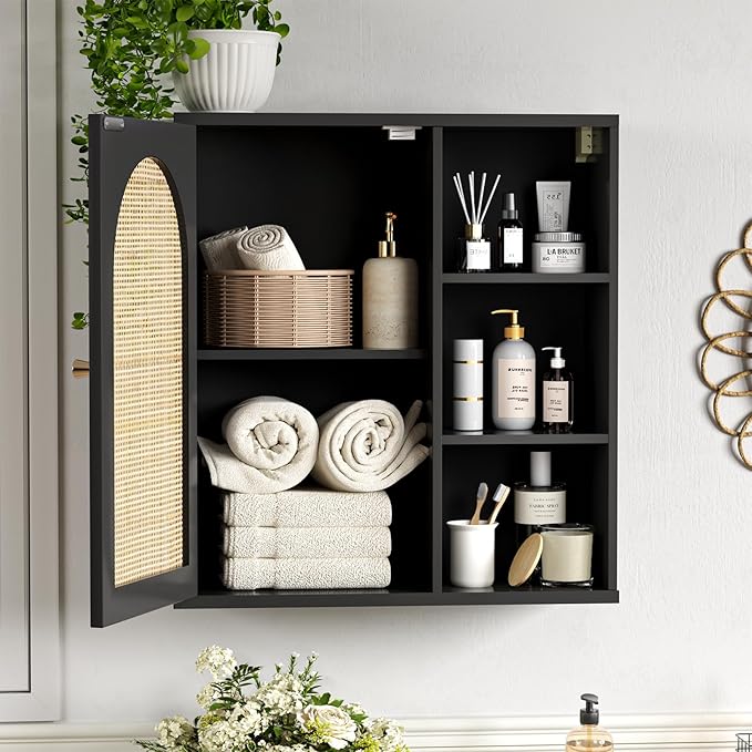 Rattan Bathroom Wall Cabinet, Boho Medicine Wall Cabinets with Door and Adjustable Shelves, Tall Kitchen Wall Mounted Storage Cabinet, Floating Hanging Cabinet Space Saver for Laundry Room,Black