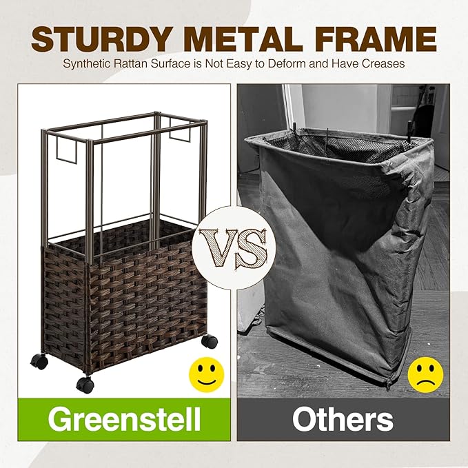 Greenstell Laundry Hamper with Wheels, 11.9 Gallon (45L) Small Clothes Hamper with 2 Removable Liner Bags & 2 Mesh Bags, Slim Rattan Laundry Basket for Bathroom, Bedroom, Brown