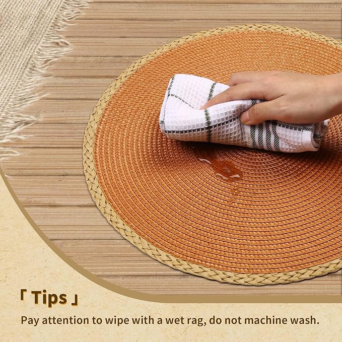 Noctiflorous Round Braided Placemats Set of 6 Table Mats 15 Inches Washable Heat Resistant for Dining Table Non-Slip Indoor Outdoor Place Mats for Thanksgiving Christmas Easter(Orange Thin Edge 6)