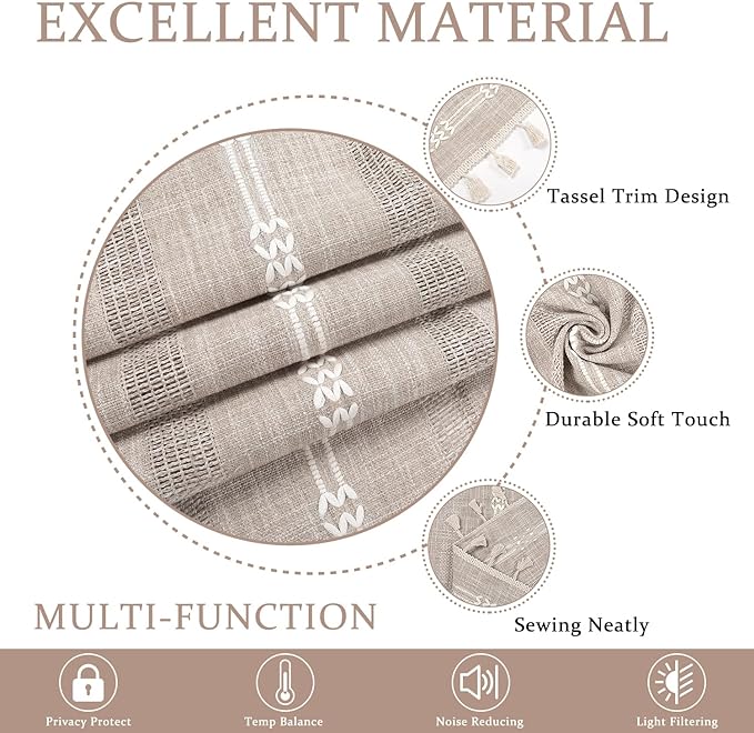 ColorBird Boho Linen Curtains 63 Inch Length, 2 Panels Set Farmhouse Living Room Curtains, Embroidered Striped Tan Boho Drapes for Bedroom Nursery Office