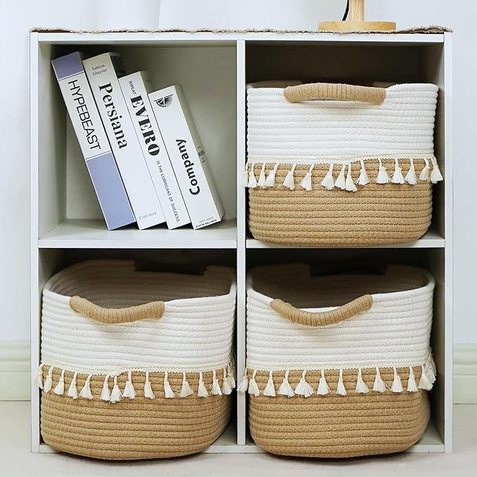 TeoKJ Woven Storage Bin Set of 3, Cotton Rope Basket for Storage, Clothes Boho Storage Basket Bin for Organizing and Storage, Fabric Storage Basket for Books, Plants, Pet Treats, White & Jute