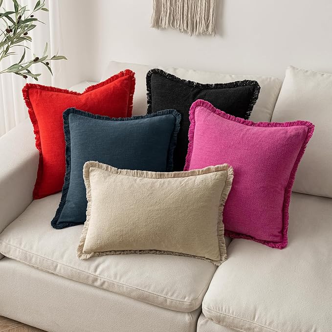 MIULEE Decorative Throw Pillow Covers Neutral Linen Fringe Throw Pillows Set of 2 Red Boho Farmhouse Cushion Covers with Tassels for Couch Sofa Bed Living Room Spring Home Decor 18x18 Inch