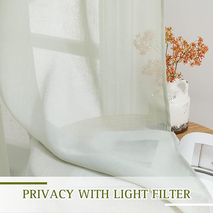NICETOWN Linen Sheer Curtains Flax Textured, Grommet Top Casual Thick Semitransparent Flax Sheer Privacy Window Treatment for Loft/Apartment, Sage Green, W52 x L63, Sold by 2 Panels
