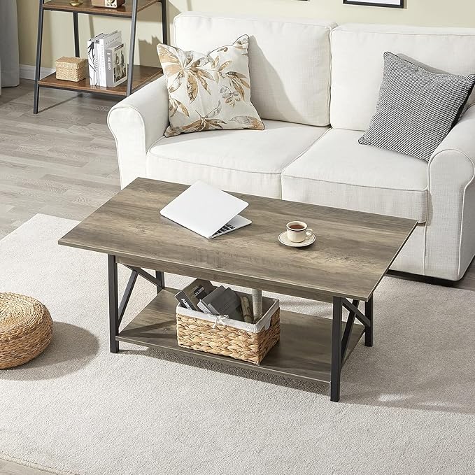 GreenForest Coffee Table with Storage, 39inch Modern 2-Tier Coffee Tables for Living Room, X-Frame Design Farmhouse Coffee Table Space Saving Living Room Small Tables, Easy Assembly, Grey Wash