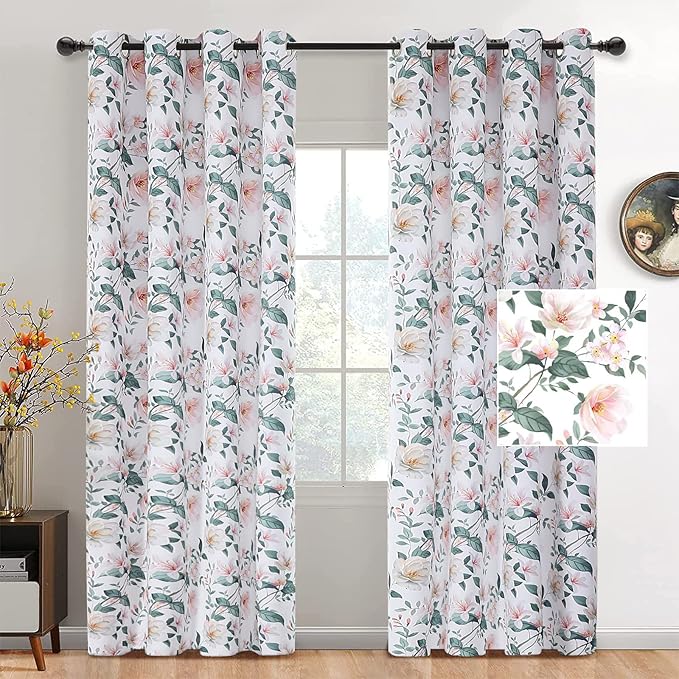 Joydeco Floral Curtains 84 Inches Long for Bedroom 2 Panels, Patterned Curtains Room Darkening Panels for Living Room with Grommet, Pink Flower Printed Drapes(Lily Pink-84)