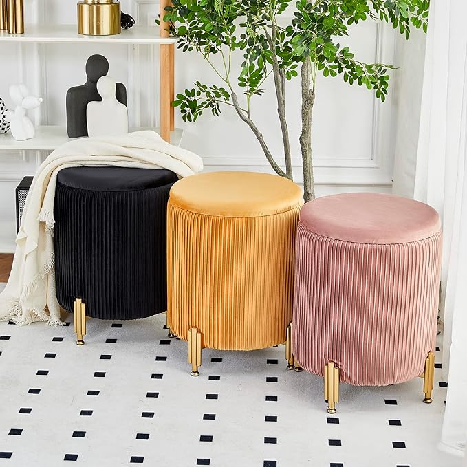 Mxfurhawa Round Ottoman Foot Stool with Storage and Metal Legs for Living Room Bedroom, Velvet Upholstered Footrest Stool Support 300lbs Modern Padded Seat Ottoman Coffee Table (Black)