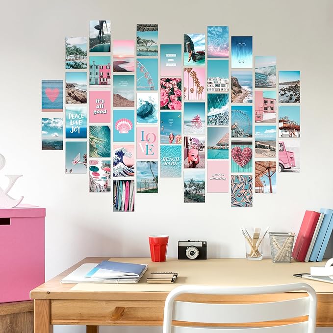 Artivo Blue Wall Collage Kit Aesthetic Pictures, 50 Set 4x6 inch, Pink VSCO Bedroom Decor for Teen Girls, Summer Beach Wall Art Print, Dorm Photo Collection, Small Posters for Room