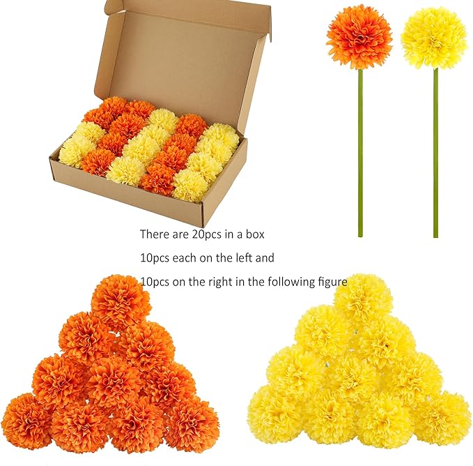 Kimura's Cabin 20Pcs Fake Silk Ball Flower Artificial Chrysanthemum Flowers Fake Mums Bouquets Wedding Arrangements Decor Festival Home Table DIY Decoration Center (Orange Yellow)