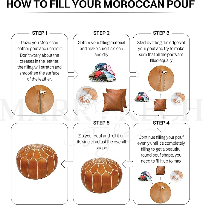 MARRAKESH STYLE Comfortable Leather Ottoman Pouf - Handmade Unstuffed Moroccan Pouf Cover - Round Pouf & Foot Rest Ottoman - Perfect for Living Rooms Bedrooms & Kids Room - Brown
