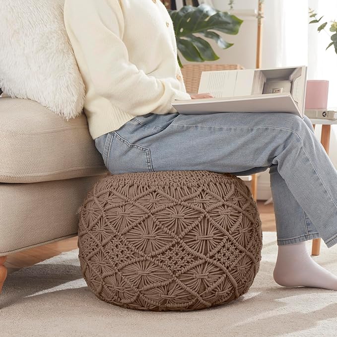 Ornavo Home Pouf Ottoman Foot Rest - 100% Cotton Pouffe - Hand Knitted Macrame Braid - Boho Round Stuffed Ottoman for Living Room, Bedroom - Taupe/Brown