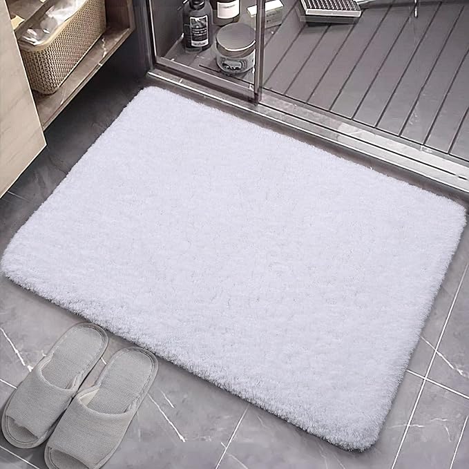 AROGAN Luxury Long Bathroom Runner Rug, 20x30 Inch Thick Soft and Absorbent Microfiber Non Slip Bath Mat, Rubber Backing Quick Dry Rugs Carpets, Machine Washable Plush Mats for Shower Floor, White