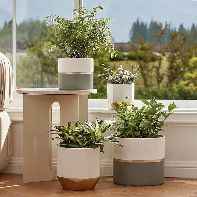 LA JOLIE MUSE Large White Ceramic Plant Pots - Garden Planters 10 + 8.1 Inch Indoor Flower Pots, Plant Containers with Gold and Grey Detailing