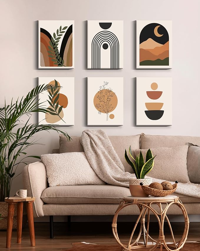Drsoum Boho Wall Decor 12x16in Bohemain Wood Wall Art Mid Century Modern Minimalist Abstract 𝗙𝗿𝗮𝗺𝗲𝗱 Boho Room Decor 6pcs (Framed)