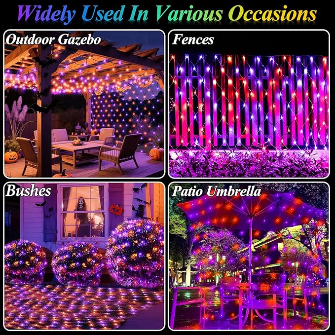 Hallloween Net Lights Outdoor, 360LED 21ft x 5ft Purple Orange Mesh Lights with 8 Modes & Timer, Connectable Waterproof Christmas Light for Bushes Xmas Tree Wedding Party Garden Lawn