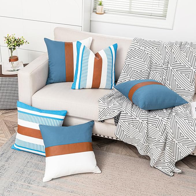 18x18 Throw Pillow Covers Set of 2 Farmhouse Rustic Pillow Case Decorative Boho Cushion Cover for Living Room Sofa Bed Couch Accent Faux Leather Pillow Case,Blue