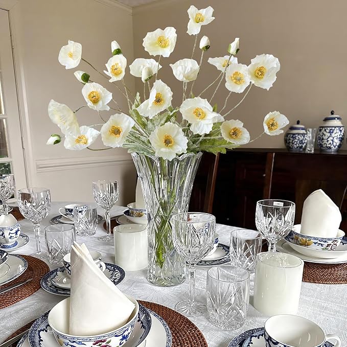 White Poppy Silk Flowers, 6pcs Lifelike Artificial Plants & Flowers, Faux Poppies Bouquet with Long Stems for Spring Kitchen Table Centerpiece Wedding Baby Shower Home Cemetery