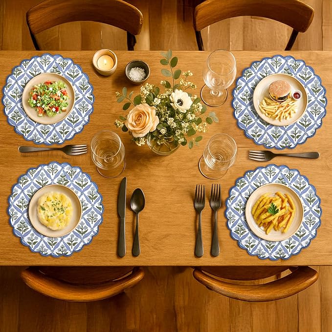 Ridhi Bo-ho Round Place Mat Easter Floral Cotton Washable Placemats 15" Round Embroidery Block Print Table Mat (Pack of 4-15 Inch Round, Light Steel Blue)