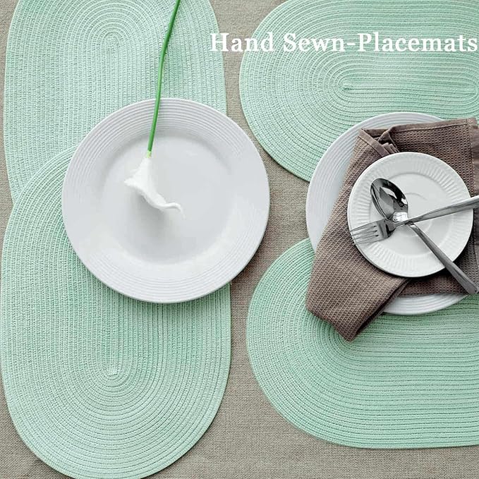 Noctiflorous Oval Braided Placemats Set of 4 Woven 12x18 Inch Non Slip Washable Heat Resistant Place Mats Round Tablemats for Dining Kitchen Party Daily Table Decor Dinner Mats (14 Mint Green, 4)