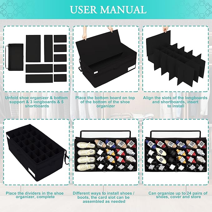 Shoe Storage Organizer, Fits 24 Pairs, Large Shoe Organizer Box for Closet, Clear Foldable Shoes Containers w/Bottom Support, Space Saving Shoe Cubby Storage Boxes w/Reinforced Handles, Black