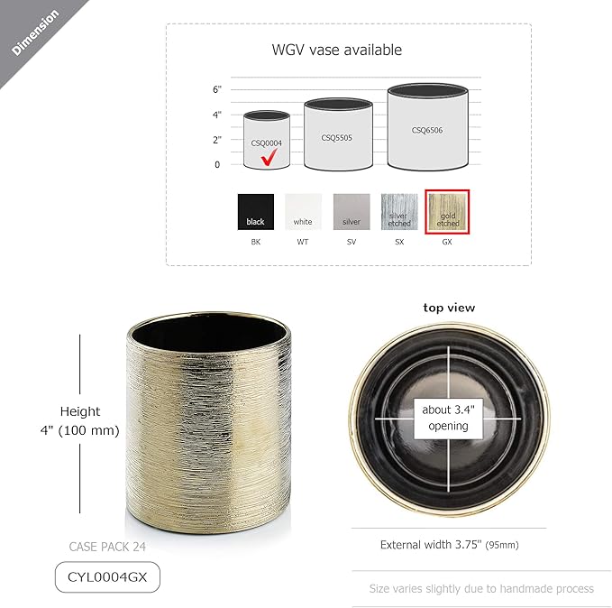 WGVI Gold Etched Ceramic Cylinder Vase Width 3.75" Height 4", Flower Arrangements, Candle Holder, Terrarium Planter Pot, Storage Container Organizer, Pen Brush Holder, Scratched Texture, 1 Piece