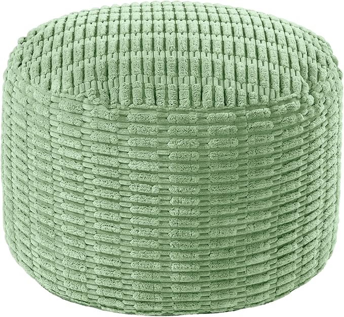 HOMBYS Unstuffed Ottoman Pouf Cover,Round Faux Fur Foot Stool, Fuzzy Chair, Floor Bean Bag(No Filler),Foot Rest with Storage for Living Room, Bedroom, Office, Striped Tufted (Sage Green)