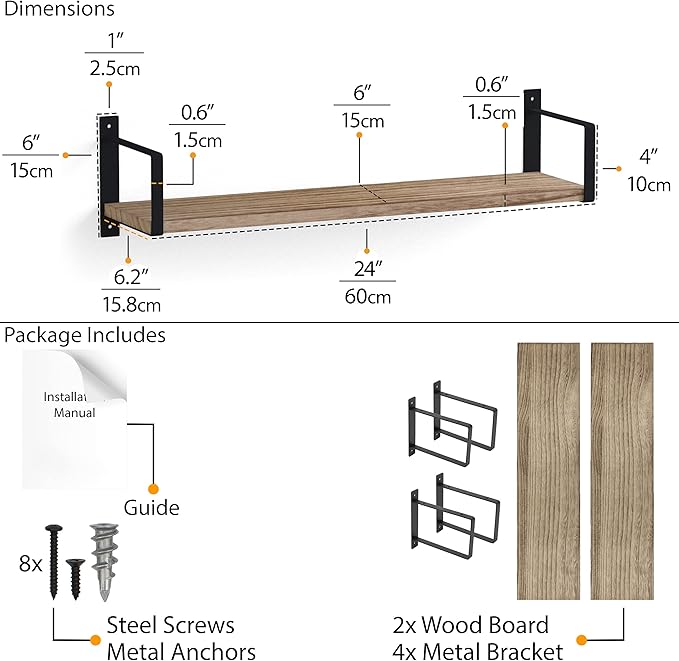 Wallniture Toledo Floating Shelves for Wall, Wall Shelf for Living Room Decor, Kitchen Organization, Bathroom Organizer, Bedrooom Shelves Burnt Set of 2