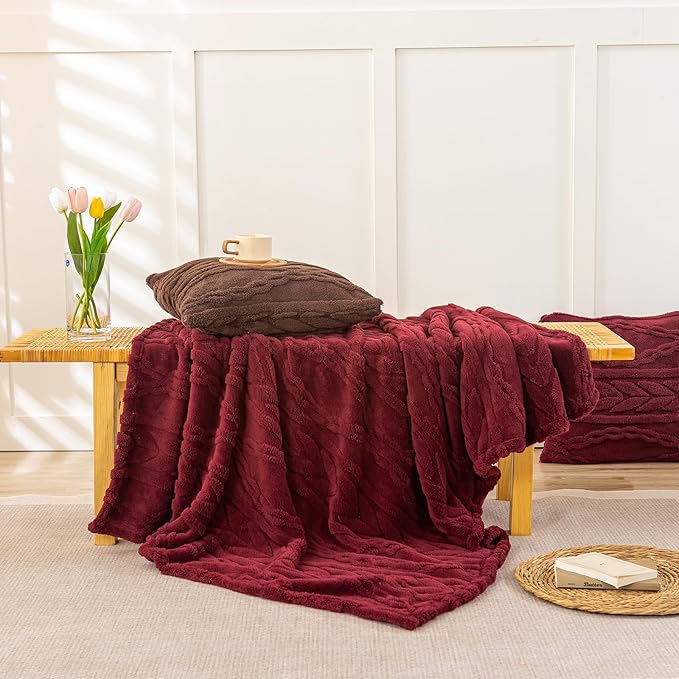 YUSOKI Sherpa Throw Blanket(Without Pillows)-3D Stylish Design Super Soft Cozy Warm Blanket Plush Fluffy Blankets for Teen Girls Women Couch Bed Sofa Chair Men Boys Gift(Burgundy Red,50"x65")