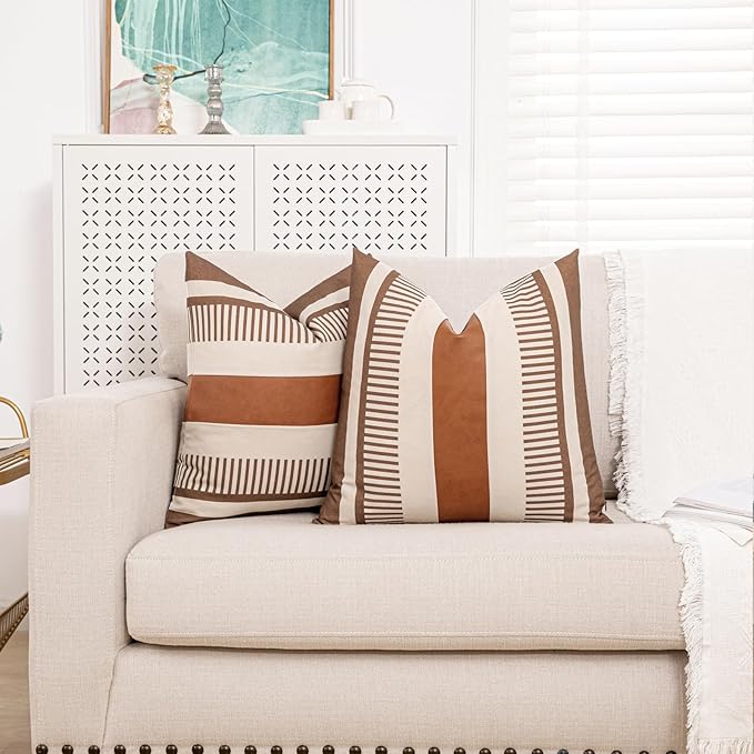 Farmhouse Stripe Pillow Cover 18x18 Boho Accent Cushion Case Faux Leather Decorative Pillowcase,Cocoa Brown and Beige (Cover ONLY, Pack of 2)