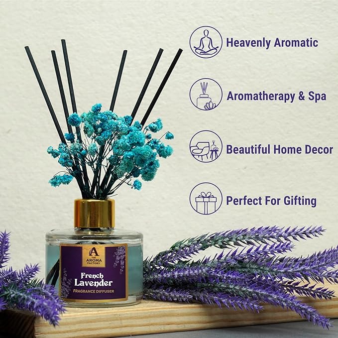 The Aroma Factory Fragrance Reed Diffuser Set with Natural Essential Oil, Aroma Sticks & Real Preserved Flowers | Luxury Home Decor Scent (French Lavender, 1 Pack)