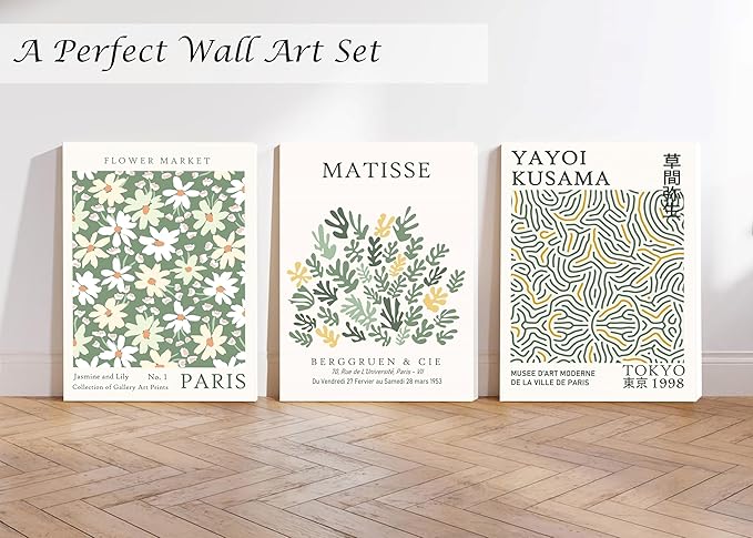 Induslyfe Framed Green Wall Art Canvas Decor Set of 3, Matisse Wall Art Framed Prints Posters Mid Century Modern Art, Aesthetic Floral Botanical wall art for bedroom, living room bathroom 12x16