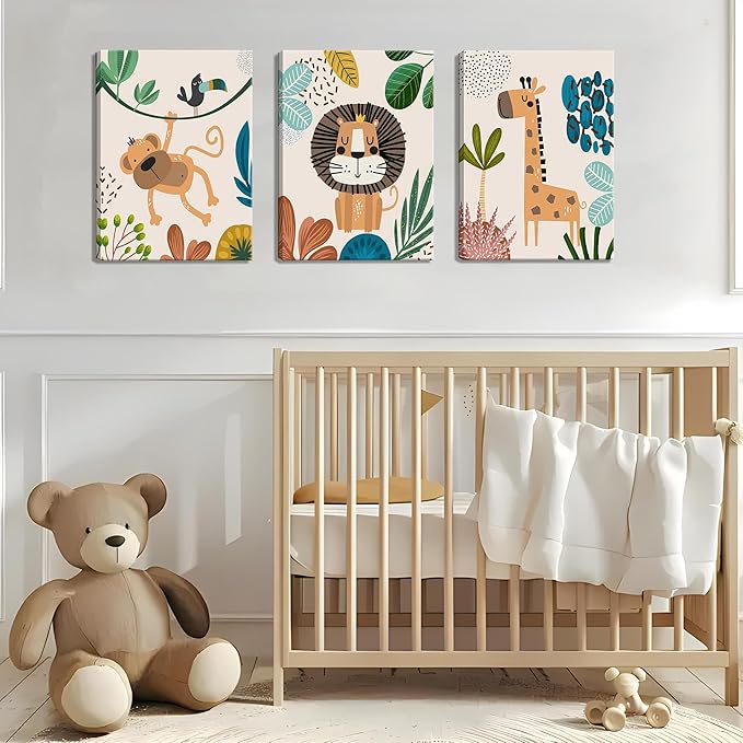 AKWISH Nursery Wall Decor Set of 3, Safari Canvas Wall Art Animals Paintings Prints, Boy Girl Kids Room Wall Decor for Shower Theme Decorations Baby Children's Room Bedroom 12x16 inch Framed