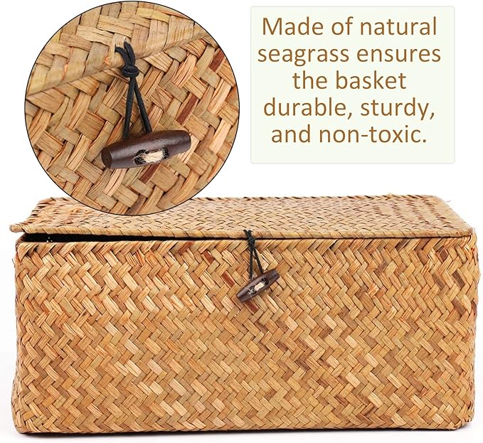 Yesland Handwoven Seagrass Rattan Storage Basket - 11.5'' x 7.5'' x 5'' - Brown Rectangular Makeup Organizer Container with Lid, Perfect for Decoration, Picnic, Groceries and Toy Storage