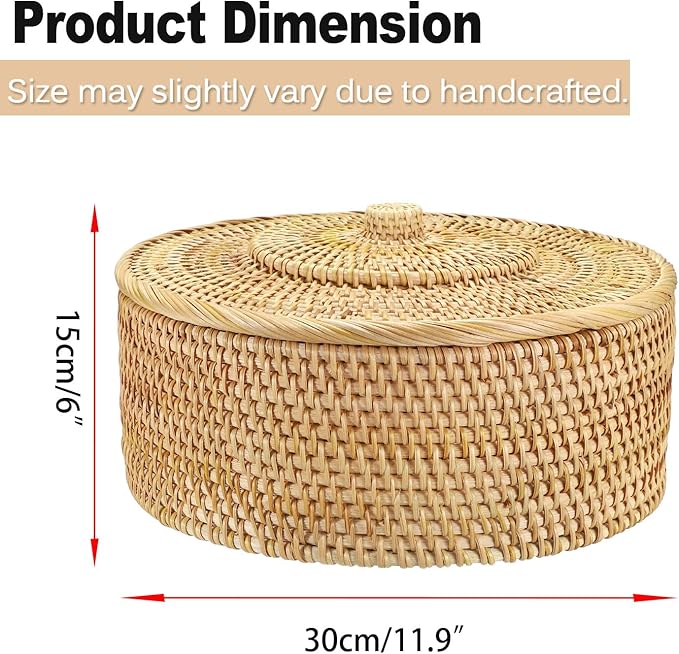Hipiwe Round Rattan Boxes with Lid Woven Wicker Storage Basket Bin Decorative Shelf Baskets Multi-Purpose Household Organizer Lidded Basket for Storage Rattan Box, 11.9 x6 inch