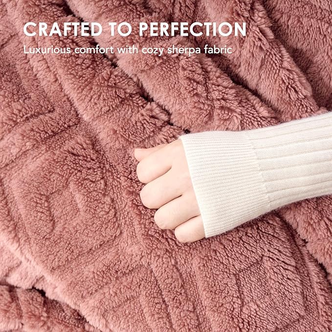 EVERGRACE Jacquard Boho Sherpa Fleece Throw Blanket for Couch, Super Soft Cozy Fuzzy Plush Blankets for All Seasons, Reversible Thick Warm Blanket for Bed, Sofa, Living Room, Dusty Pink, 50" x 60"