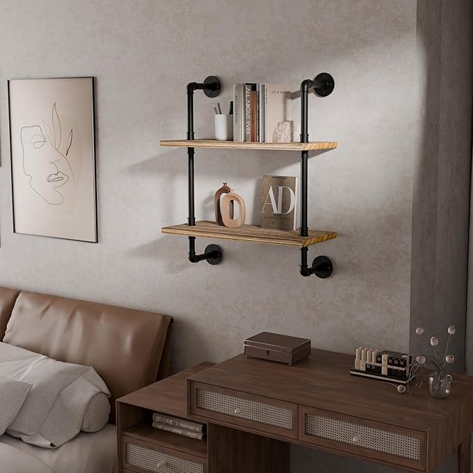 2 Tier Industrial Pipe Shelf,24 inch Industrial Wall Shelves,Rustic Wall Mounted Bookshelf,Floating Shelf with Pipe,Pipe Shelving for Bathroom,Living Room,Kitchen,Bedroom