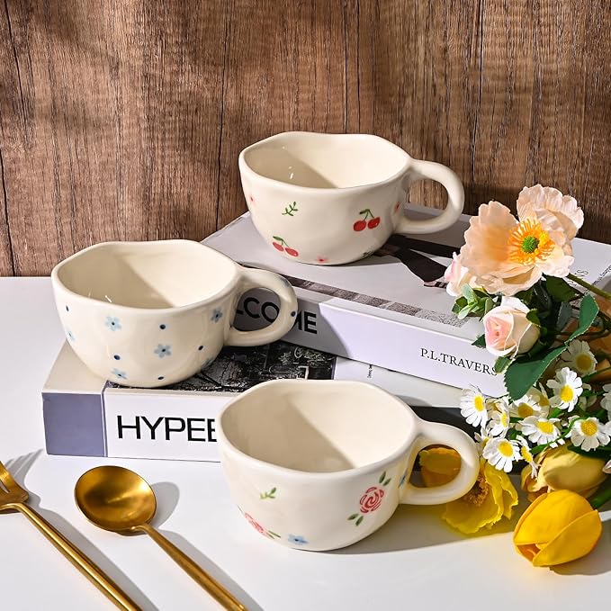 Koythin Ceramic Coffee Mug, Handmade Hot Chocolate Mugs, Cute Cup for Girl Women, Aesthetic Tea Milk Cup with Handle, 8.5 oz/250 ml for Latte, Cocoa, Office, Home (Cherry Flower)