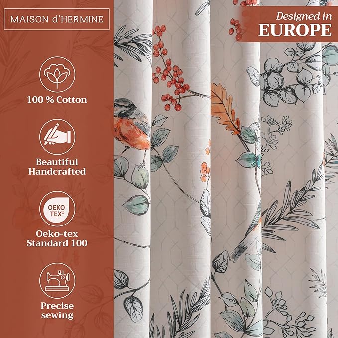 Maison d' Hermine Curtains for Living Room 100% Cotton 124 inch Length One Panel Light Filtering Curtains for Bedroom Windows with Rod and Loop Pockets Drapes (Whitish Shabby Chique, 50" W x 124" L)