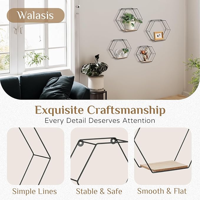 Hexagon Shelves Black for Wall - Metal Wood Floating Honeycomb Shelf - Hanging Planter Shelves for Living Room Bedroom Bathroom Set of 4