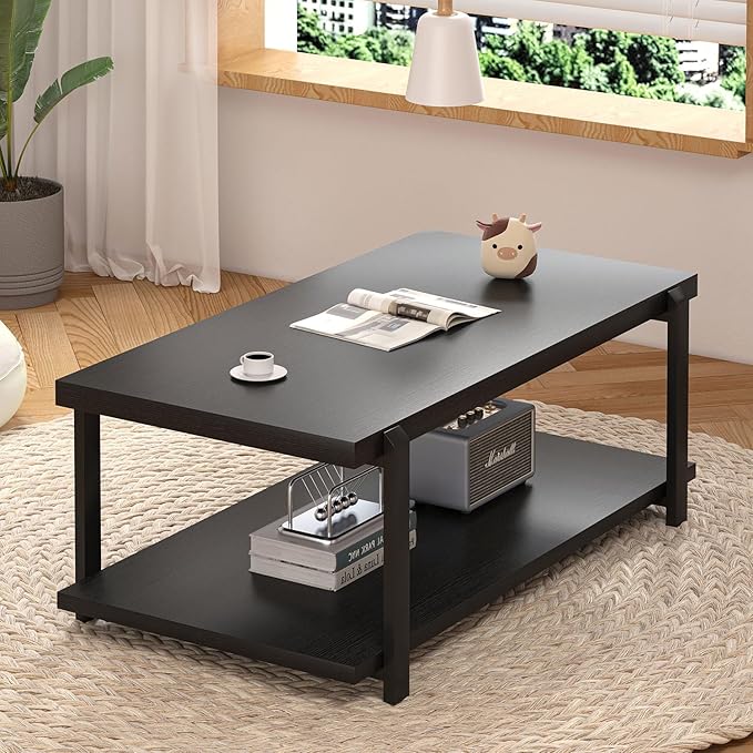 FOLUBAN Black Coffee Table, Modern Rustic Wood Center Table with Storage for Living Room, Industrial Rectangle 2 Tier Cocktail Tea Table, Black Oak
