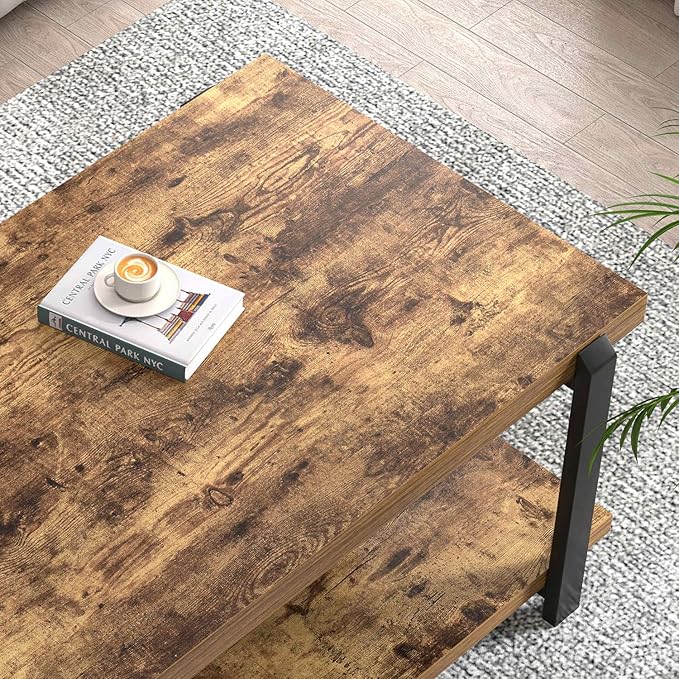 FOLUBAN Modern Coffee Table, Rustic Wood Center Table with Storage for Living Room, Industrial Rectangle 2 Tier Low Cocktail Tea Table, Rustic Brown
