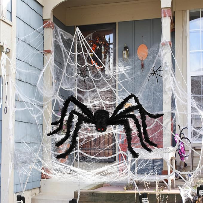 Halloween Spider Web and Giant Spiders Decorations Set Triangle Spider Web & Realistic Scary Fake Large Hairy Black Spider Props for Indoor/Outdoor Porch & Yard Parties Haunted House Halloween Décor