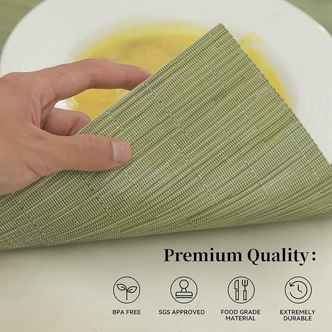 Leetaltree Pea Green Placemats Set of 12 - Heat Resistant Non-Slip Place mats for Dining Table, Washable Durable PVC Vinyl Woven Table Mats(Pea Green, 12)