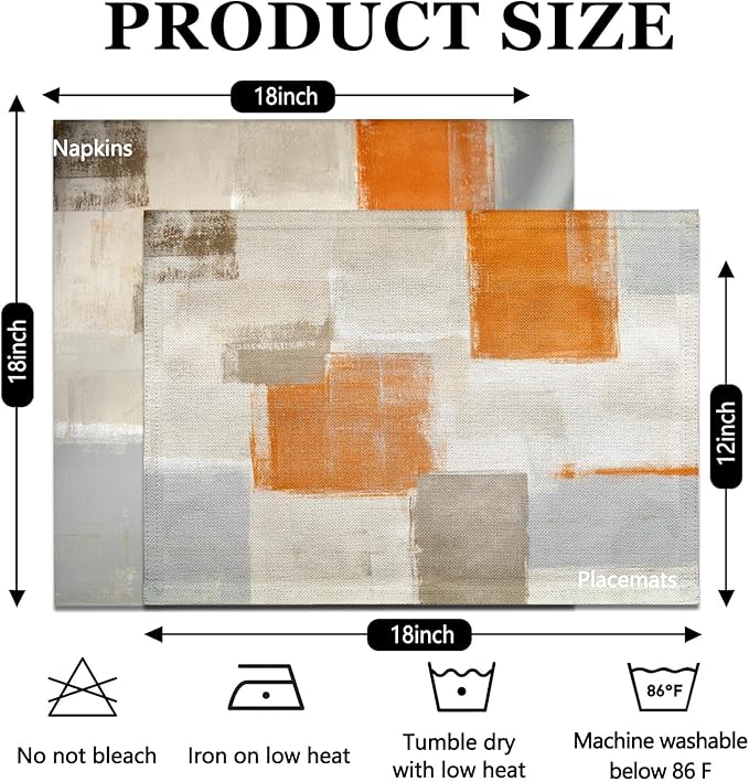 MCALK 4 Each Orange Placemats and Cloth Napkins Set of 8, Modern Abstract Art Painted Placemat for Home Kitchen Decor (Placemats 18 "x12 Cloth Napkins 18 "x18)