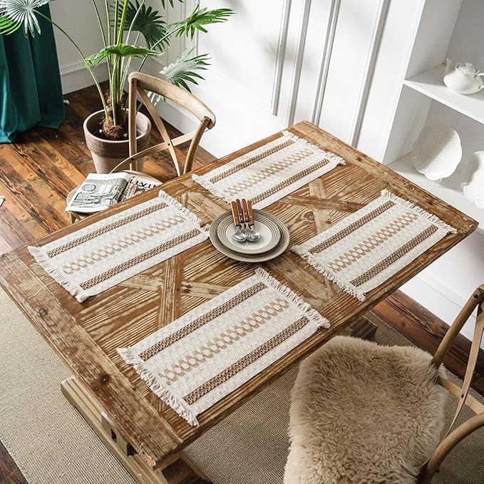 Boho Placemats Set of 4, Burlap Woven Placemat 12x19 Inches, Splicing Woven Rectangular Table Mats, Farmhouse Style Kitchen Table Decor for Rustic Wedding Bridal Shower