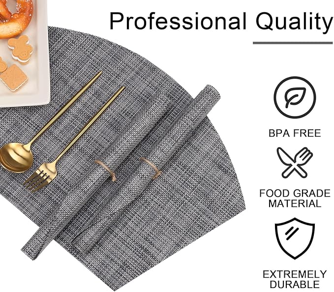 SHACOS Wedge Placemats Set of 4 Woven Vinyl Small Round Table Placemats Wipe Clean Round Table Mats Placement Mat Indoor Outdoor, Dark Gray