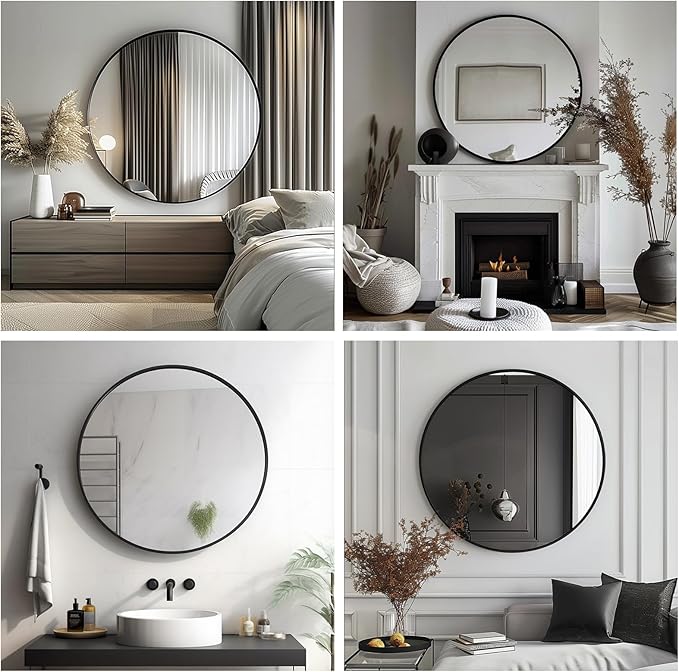 Small Round Mirror, 16 inch Round Mirror, Round Black Mirror, Metal Frame Circle Mirrors for Bathroom, Bedroom, Vanity, Wall Decor.