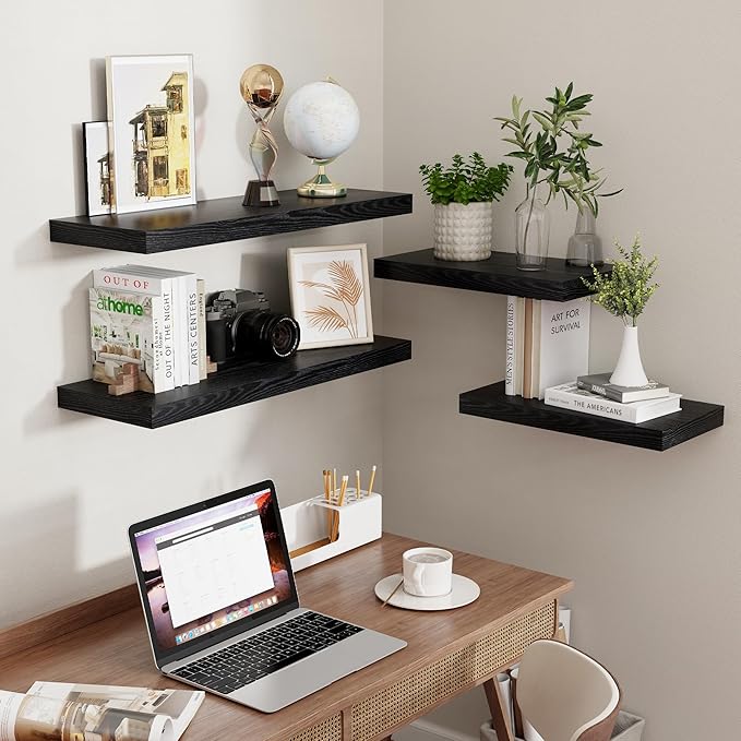 Fun Memories Black Floating Shelves, 9 Inch Deep Floating Shelves for Wall, 16" x 9" Wall Shelves Set of 2, Deep Bathroom Shelves for Home Storage, Wide Black Floating Shelf for Living Room, Kitchen