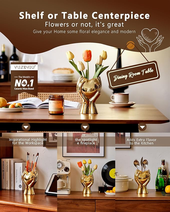 8" Heart Hand Gold Ceramic Vase - Unique Modern Aesthetic Flowers Vase for Living Room Bedroom Office Kitchen Table Centerpiece or Shelf Decor-Gifts for Wedding Bridal Shower Women Mom (Gold)